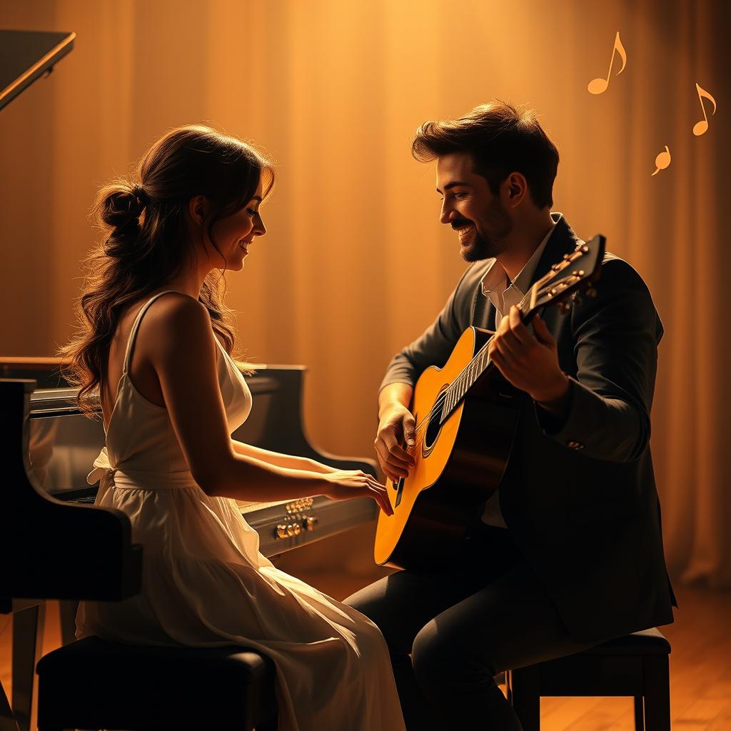 A romantic novel cover without text, highlighting two musicians: a skilled female pianist and a charismatic male guitarist