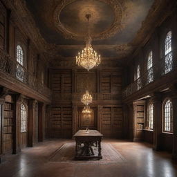 An ancient, mysterious library filled with dusty books and dimly lit by an ornate, celestial-themed chandelier hanging from the vaulted ceiling.