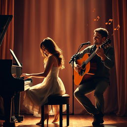 A romantic novel cover without text, highlighting two musicians: a skilled female pianist and a charismatic male guitarist