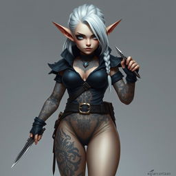 Full body portrait of a female gnome with shoulder-length white hair that features a sidecut and intricate braiding