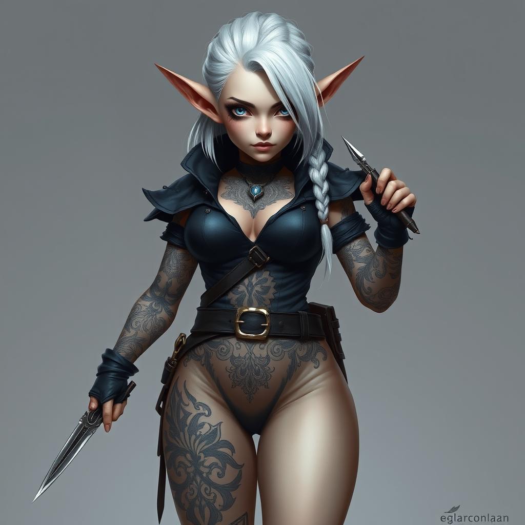 Full body portrait of a female gnome with shoulder-length white hair that features a sidecut and intricate braiding