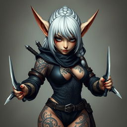 Full body portrait of a female gnome with shoulder-length white hair that features a sidecut and intricate braiding