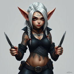 Full body portrait of a female gnome with shoulder-length white hair that features a sidecut and intricate braiding