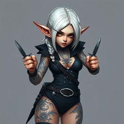 Full body portrait of a female gnome with shoulder-length white hair that features a sidecut and intricate braiding