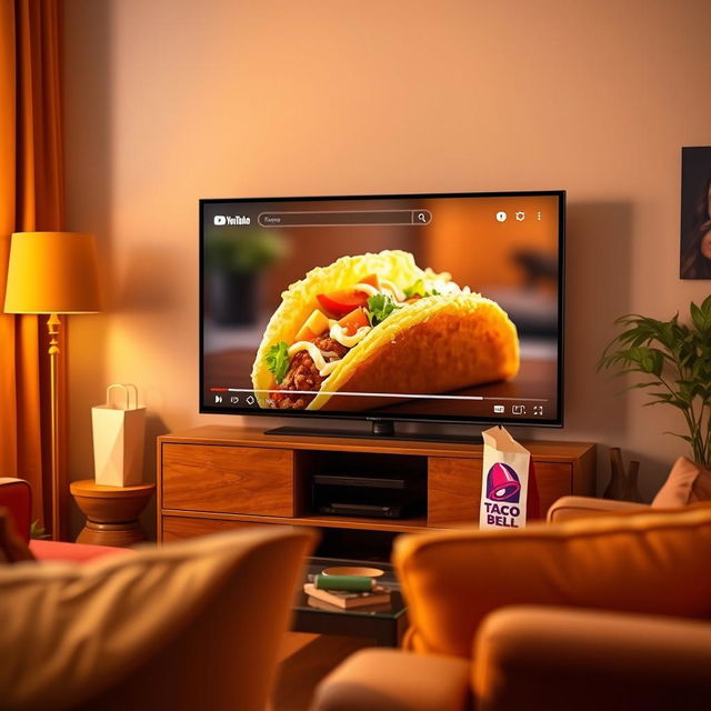 A vibrant and colorful scene of a living room with a modern TV displaying the YouTube homepage