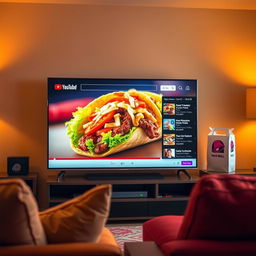 A vibrant and colorful scene of a living room with a modern TV displaying the YouTube homepage