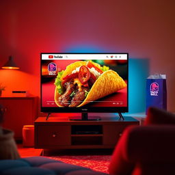 A vibrant and colorful scene of a living room with a modern TV displaying the YouTube homepage