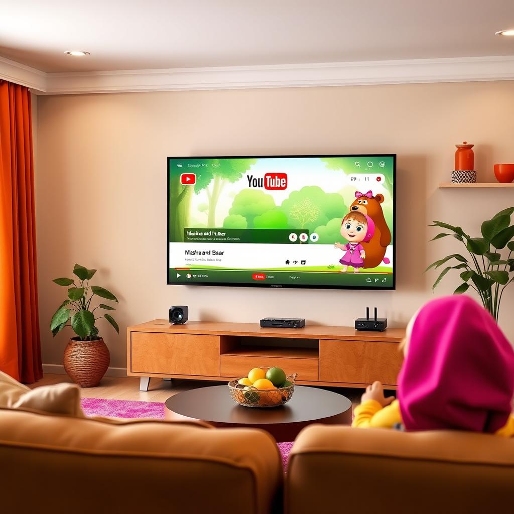 A lively and colorful living room scene featuring a modern TV with the YouTube homepage displayed