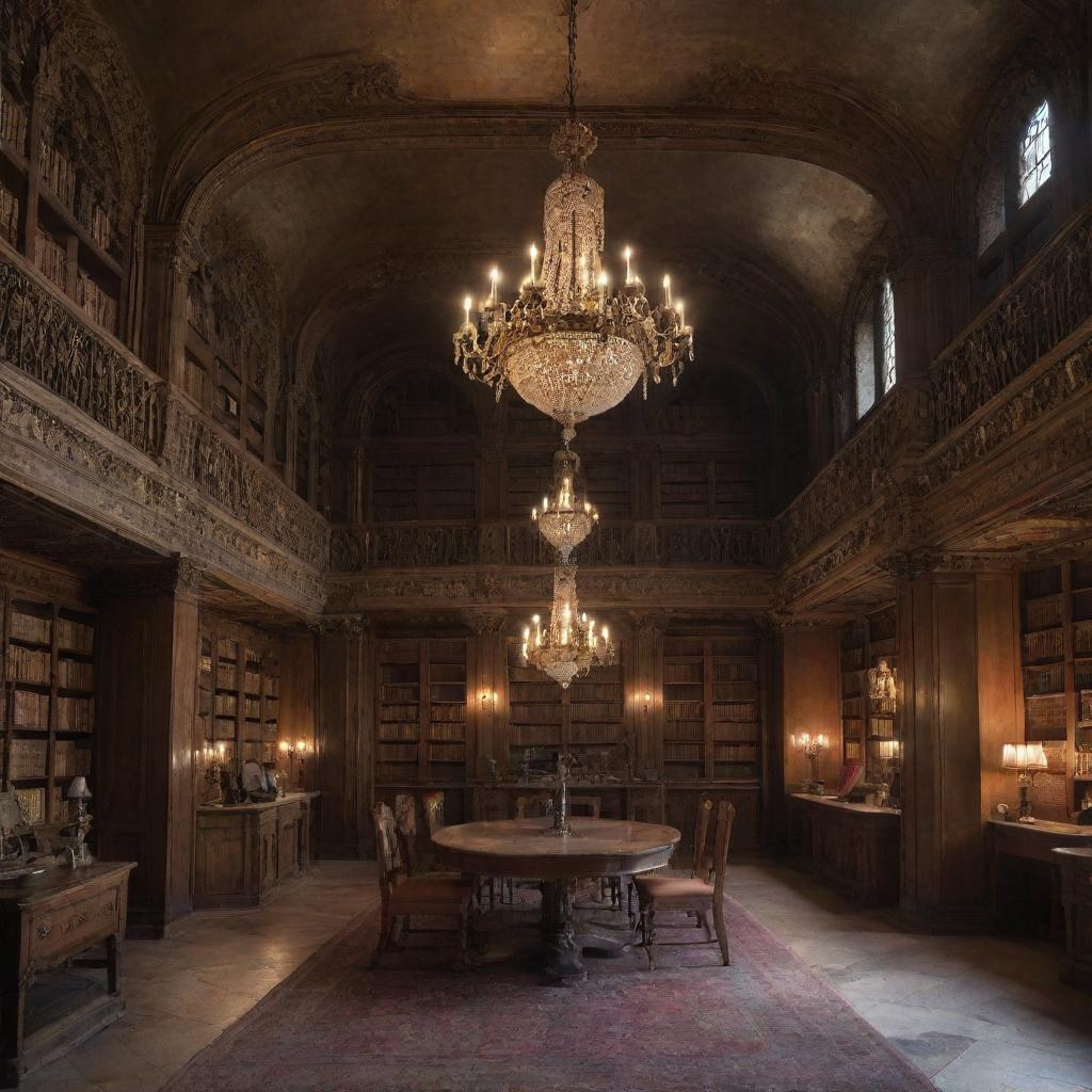 An ancient, mysterious library filled with dusty books and dimly lit by an ornate, celestial-themed chandelier hanging from the vaulted ceiling.