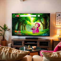 A lively and colorful living room scene featuring a modern TV with the YouTube homepage displayed