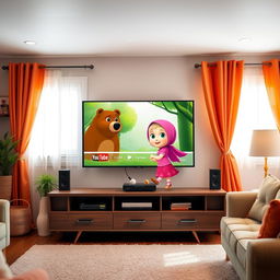 A lively and colorful living room scene featuring a modern TV with the YouTube homepage displayed