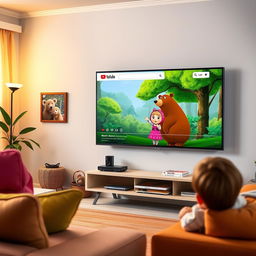 A lively and colorful living room scene featuring a modern TV with the YouTube homepage displayed