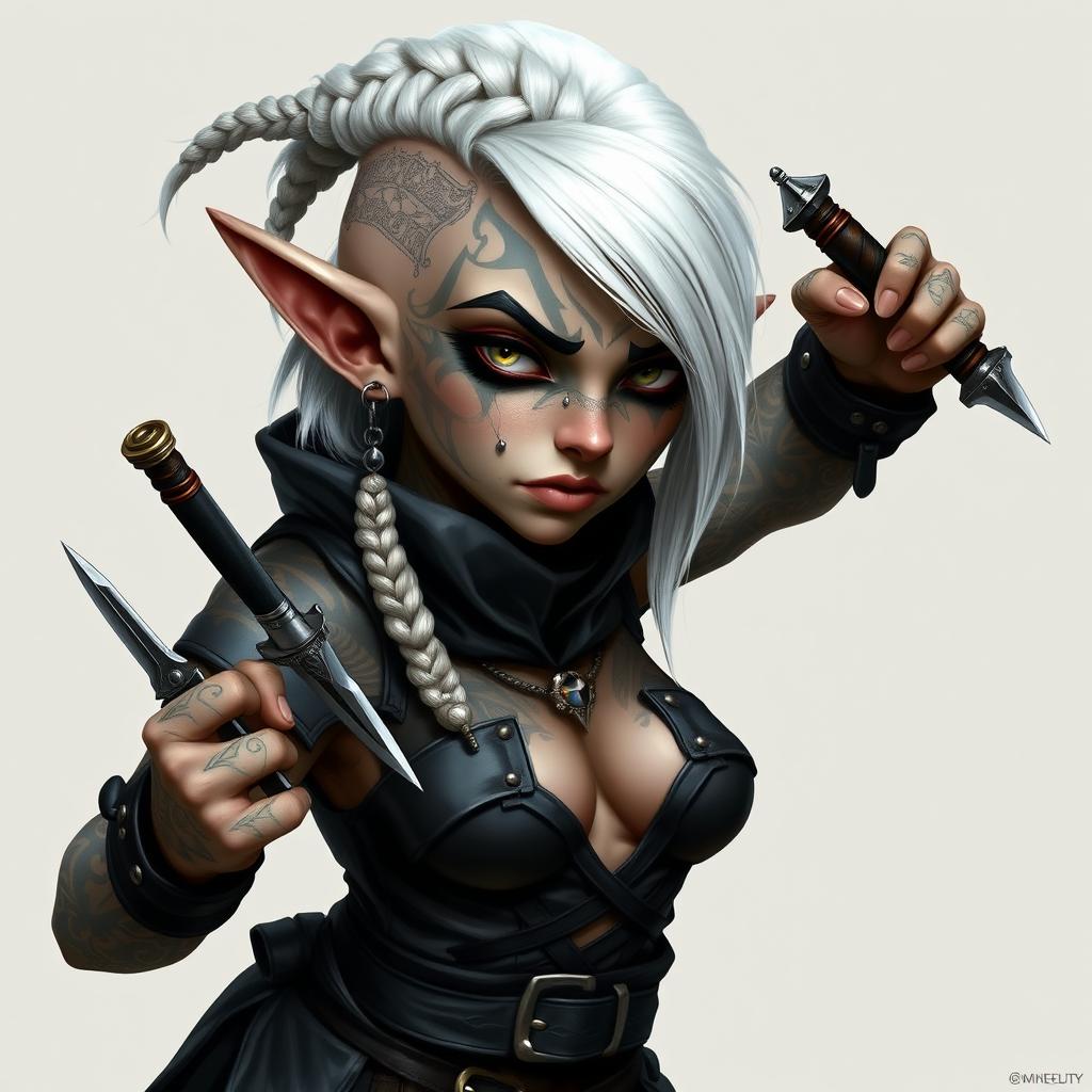 Full body portrait of a female gnome with shoulder-length white hair styled in an intricate braided sidecut