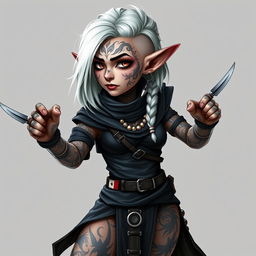 Full body portrait of a female gnome with shoulder-length white hair styled in an intricate braided sidecut