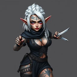 Full body portrait of a female gnome with shoulder-length white hair styled in an intricate braided sidecut