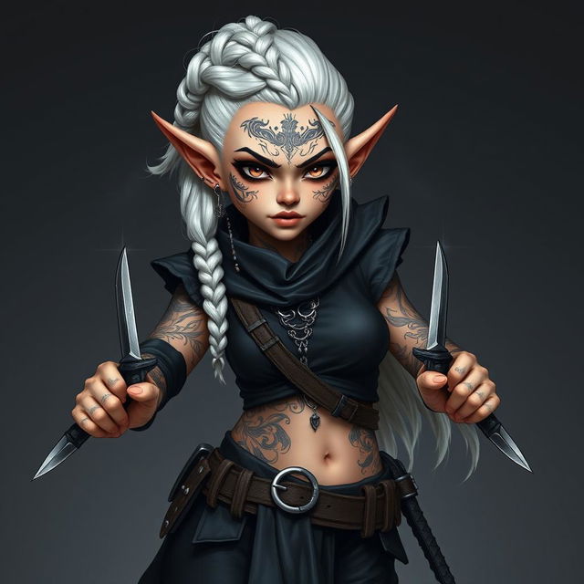 Full body portrait of a female gnome with shoulder-length white hair styled in an intricate braided sidecut