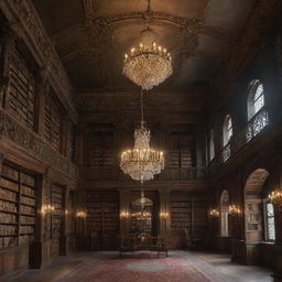 An ancient, mysterious library filled with dusty books and dimly lit by an ornate, celestial-themed chandelier hanging from the vaulted ceiling.