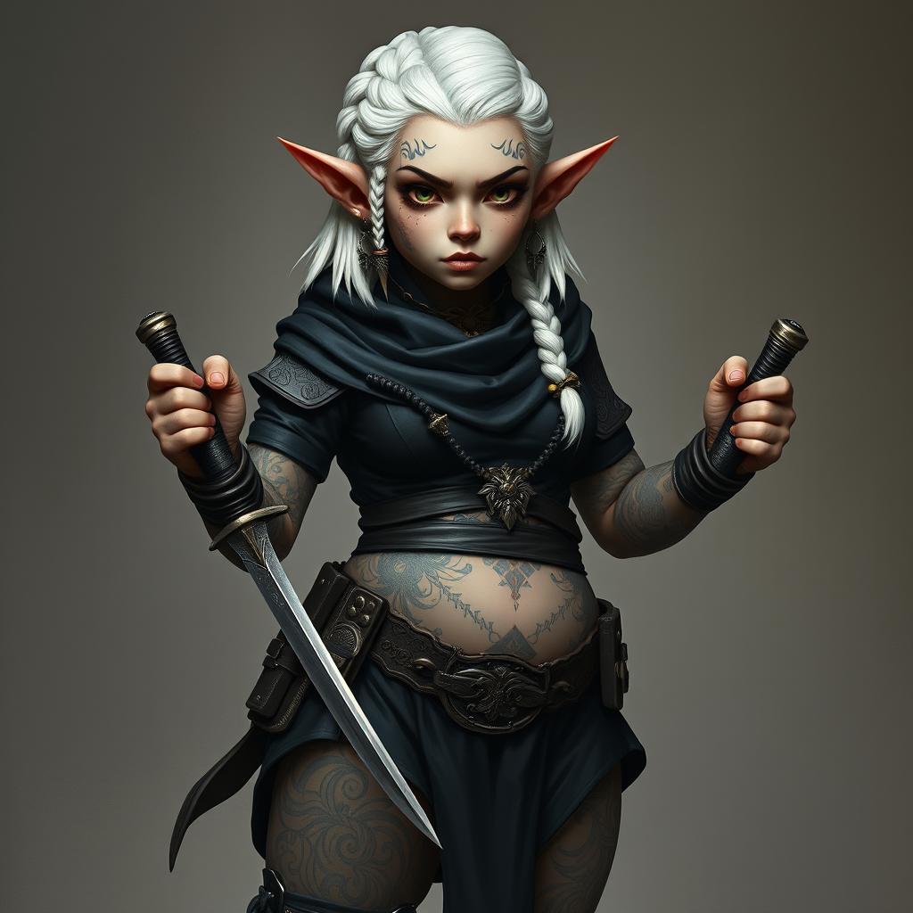 Full body portrait of a female gnome with shoulder-length white hair styled in a braided sidecut