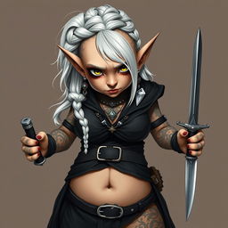 Full body portrait of a female gnome with shoulder-length white hair styled in a braided sidecut