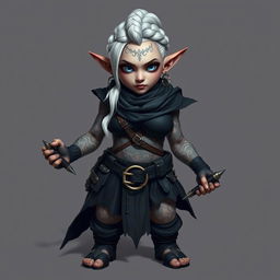 Full body portrait of a female gnome with shoulder-length white hair styled in a braided sidecut