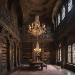 An ancient, mysterious library filled with dusty books and dimly lit by an ornate, celestial-themed chandelier hanging from the vaulted ceiling.