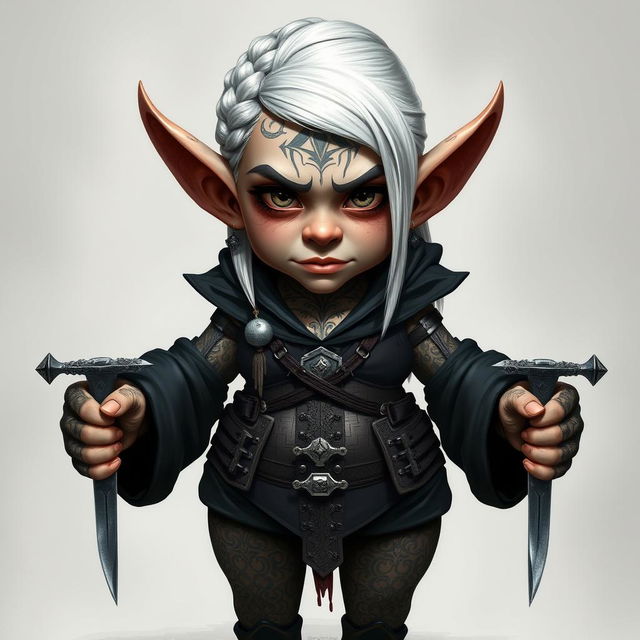 Full body portrait of a female gnome with shoulder-length white hair styled in a braided sidecut