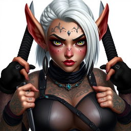 Digital portrait of a female gnome with shoulder-length white hair styled in a braided sidecut