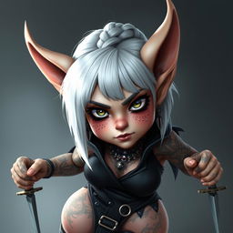 Digital portrait of a female gnome with shoulder-length white hair styled in a braided sidecut