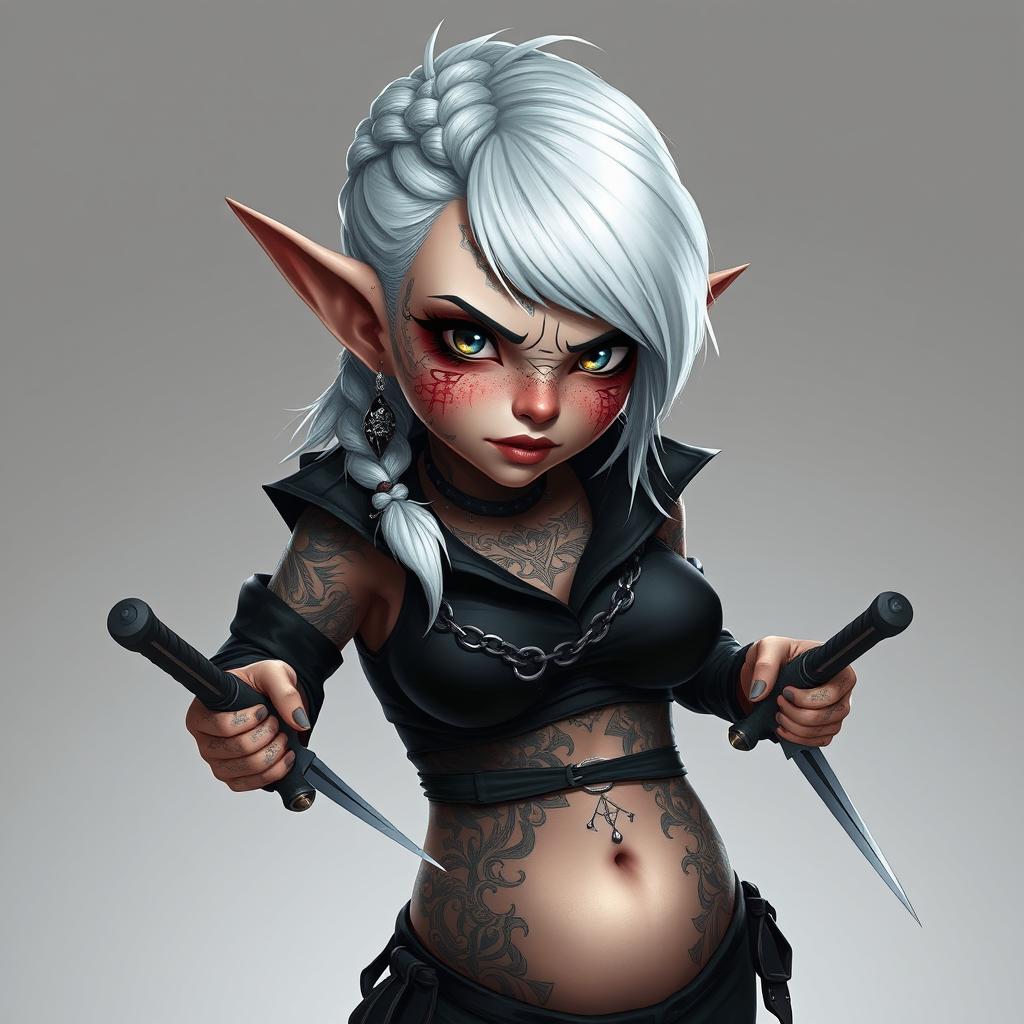 Digital portrait of a female gnome with shoulder-length white hair styled in a braided sidecut