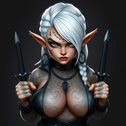 Digital portrait of a female gnome with shoulder-length white hair styled in a braided sidecut