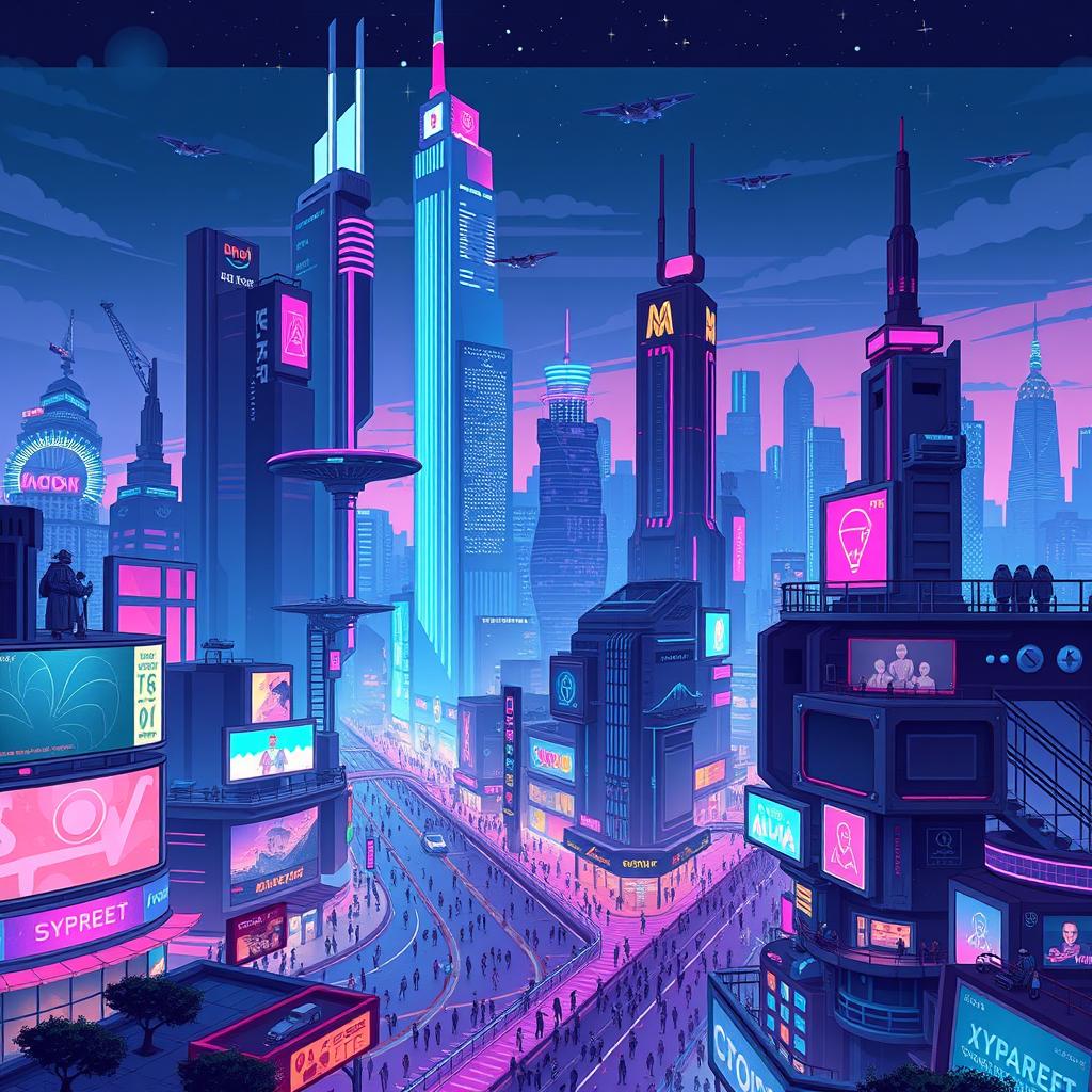 A stunning futuristic cityscape in pixel art style, featuring towering skyscrapers with glowing neon signs, flying cars zooming between the buildings, and a vibrant nightlife atmosphere with bustling crowds on the streets