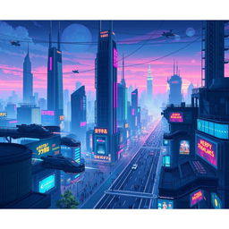 A stunning futuristic cityscape in pixel art style, featuring towering skyscrapers with glowing neon signs, flying cars zooming between the buildings, and a vibrant nightlife atmosphere with bustling crowds on the streets