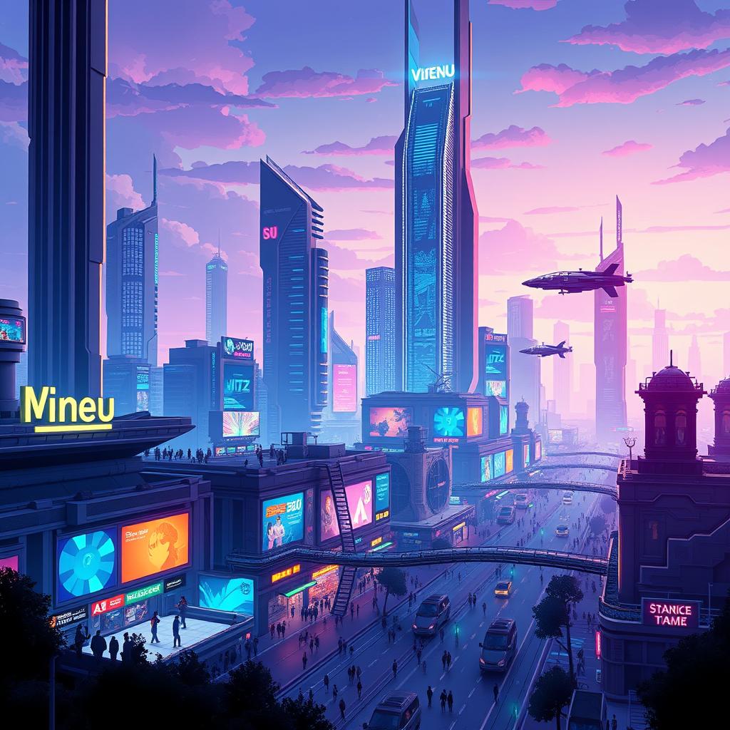 A stunning futuristic cityscape in pixel art style, featuring towering skyscrapers with glowing neon signs, flying cars zooming between the buildings, and a vibrant nightlife atmosphere with bustling crowds on the streets