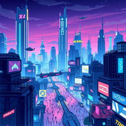 A stunning futuristic cityscape in pixel art style, featuring towering skyscrapers with glowing neon signs, flying cars zooming between the buildings, and a vibrant nightlife atmosphere with bustling crowds on the streets