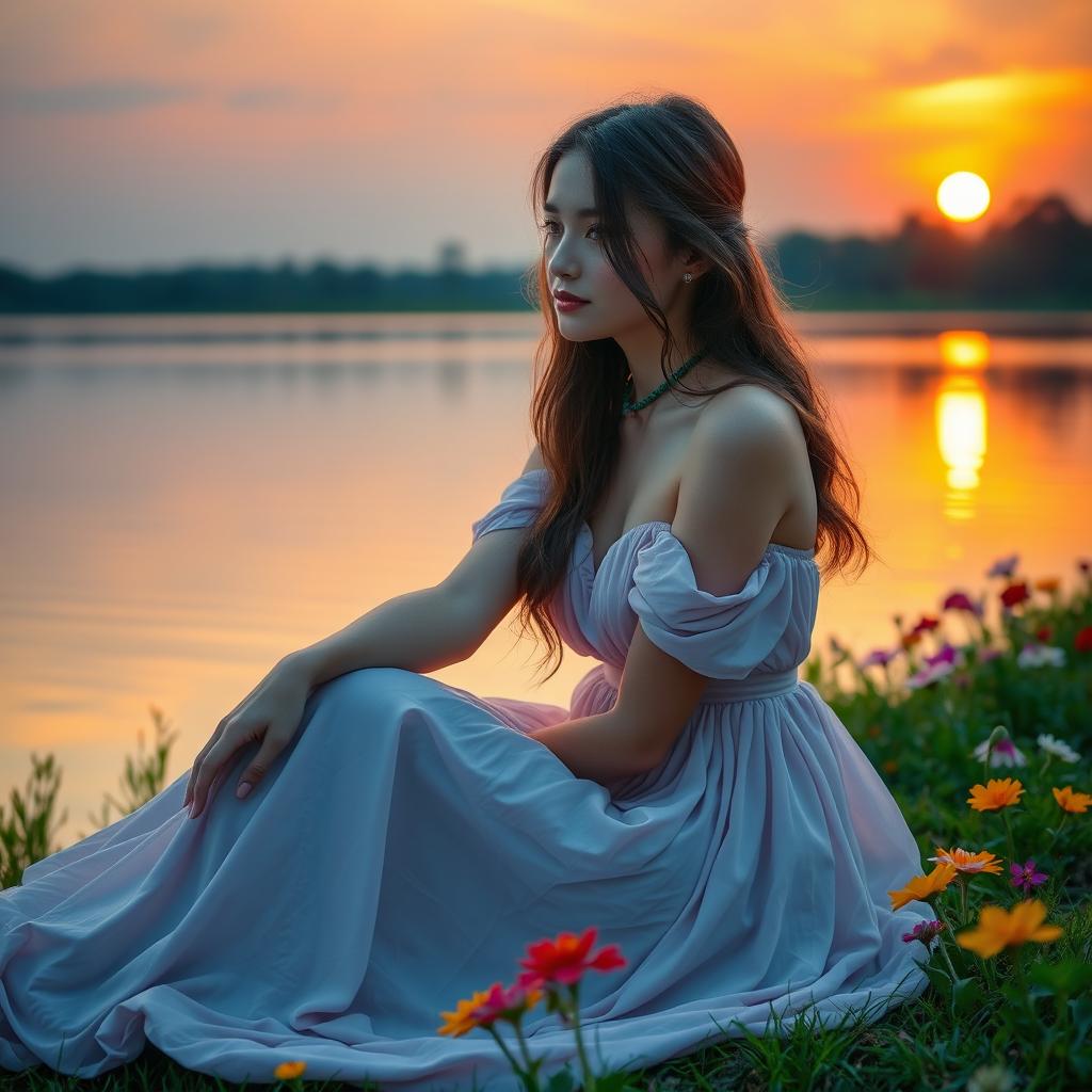 A serene landscape with a beautiful young woman wearing a flowing dress, sitting by a peaceful lake during sunset, surrounded by vibrant flowers