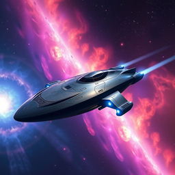 A futuristic cosmoship gliding through the vastness of space, surrounded by vibrant nebulas and distant stars