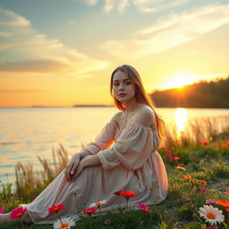 A serene landscape with a beautiful young woman wearing a flowing dress, sitting by a peaceful lake during sunset, surrounded by vibrant flowers