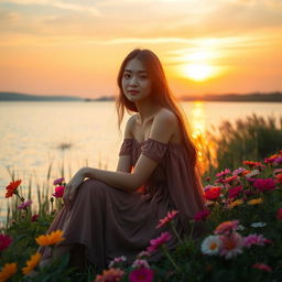 A serene landscape with a beautiful young woman wearing a flowing dress, sitting by a peaceful lake during sunset, surrounded by vibrant flowers