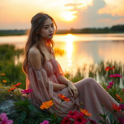 A serene landscape with a beautiful young woman wearing a flowing dress, sitting by a peaceful lake during sunset, surrounded by vibrant flowers