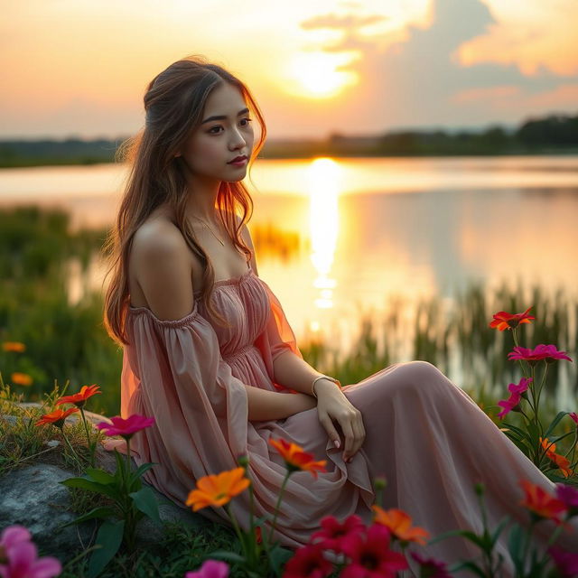 A serene landscape with a beautiful young woman wearing a flowing dress, sitting by a peaceful lake during sunset, surrounded by vibrant flowers