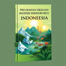 A detailed and artistic book cover design titled 'PERUBAHAN IKLIM DAN KINERJA EKSPOR HIJAU INDONESIA'