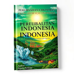 A detailed and artistic book cover design titled 'PERUBAHAN IKLIM DAN KINERJA EKSPOR HIJAU INDONESIA'