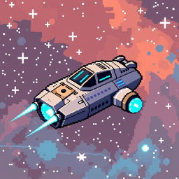 A pixel art cosmoship designed for a sci-fi game, depicted as a small, compact ship with a metallic body and glowing blue thrusters