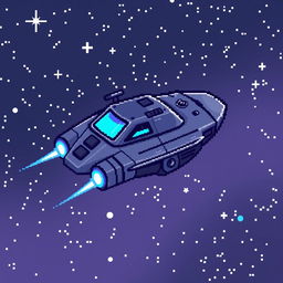 A pixel art cosmoship designed for a sci-fi game, depicted as a small, compact ship with a metallic body and glowing blue thrusters