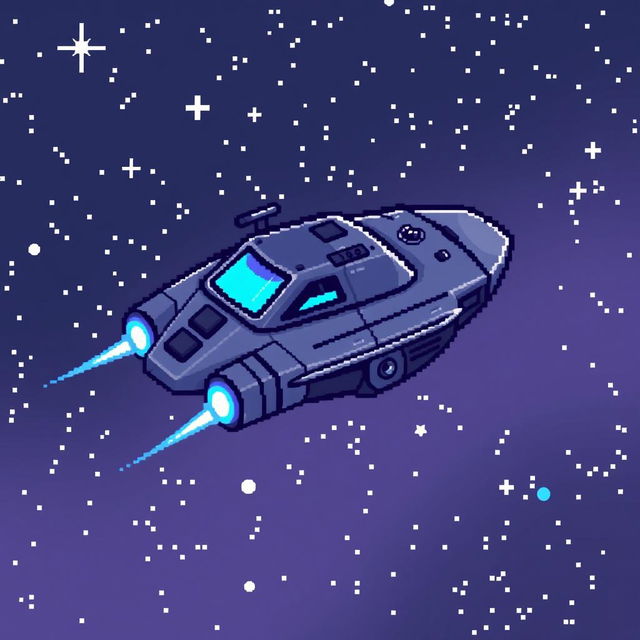 A pixel art cosmoship designed for a sci-fi game, depicted as a small, compact ship with a metallic body and glowing blue thrusters