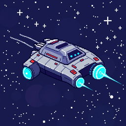 A pixel art cosmoship designed for a sci-fi game, depicted as a small, compact ship with a metallic body and glowing blue thrusters