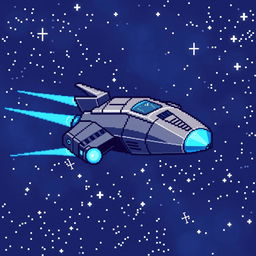 A pixel art cosmoship designed for a sci-fi game, depicted as a small, compact ship with a metallic body and glowing blue thrusters