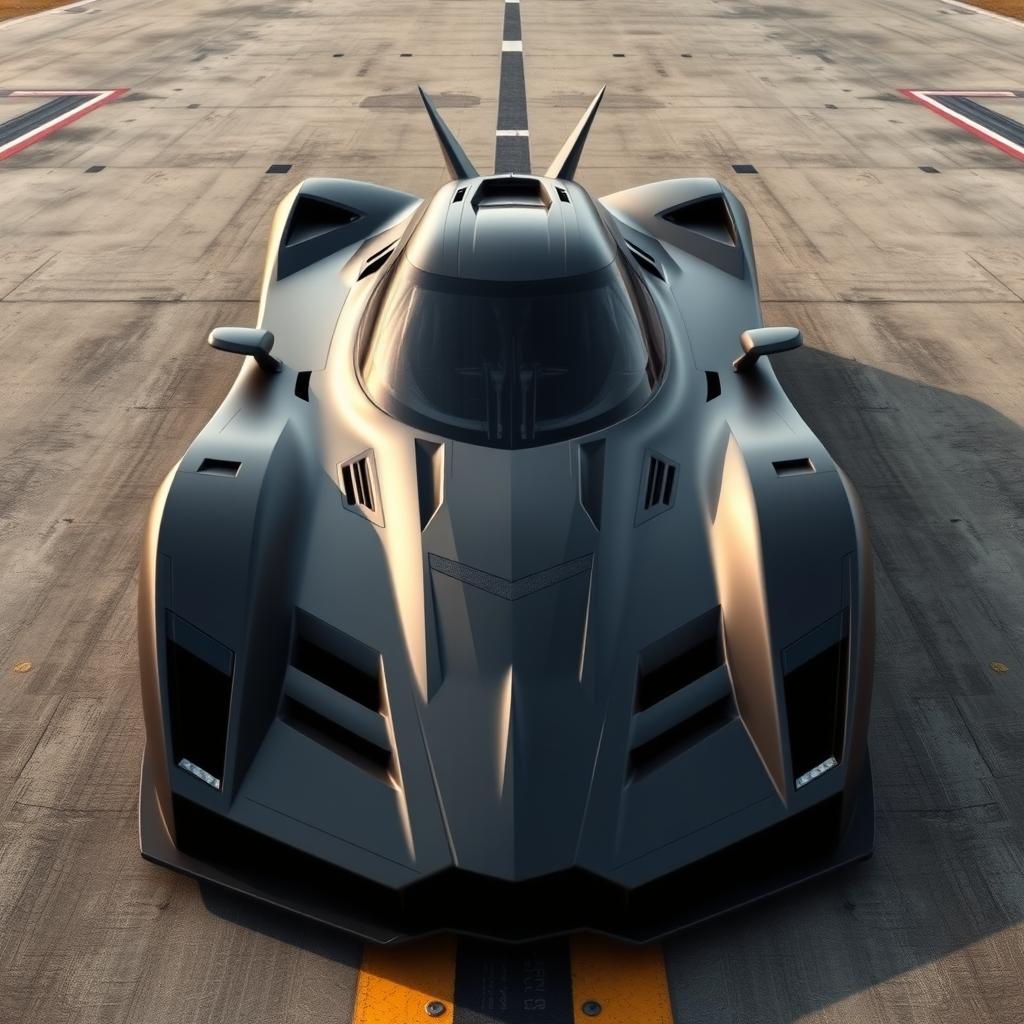 A 2-seater LMP-style road hypercar inspired by the F-117 stealth aircraft, featuring angular design elements and a stealthy matte black finish