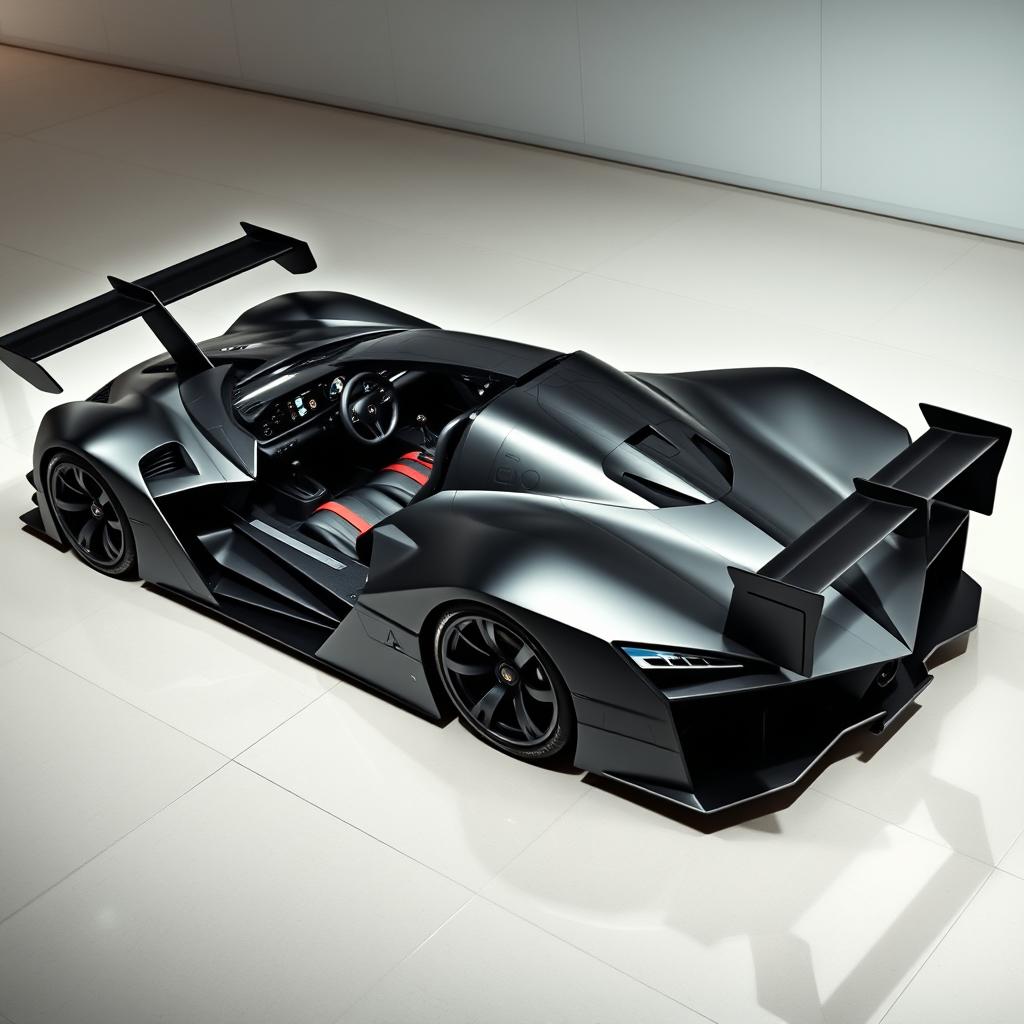 A 2-seater LMP-style hypercar inspired by the F-117 aircraft, showcasing both interior and exterior features