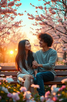 A romantic scene depicting teenage love, showing a teenage couple holding hands in a beautiful park during a vibrant sunset